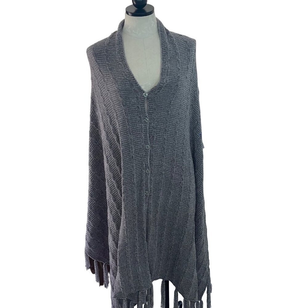 Womens Poncho One Size Gray Button Front Fringe Soft Chenille